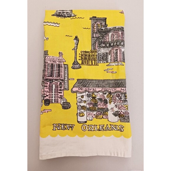 VTG S/2 Suzanne Meister Linen Tea Towels New Orleans Landmarks Red Yellow 16X28 - Picture 10 of 11